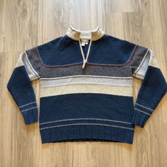 Vtg The Territory Ahead L 1/4 Zip Pullover Wool Nylon Sweater Striped Blue EUC - Picture 1 of 7